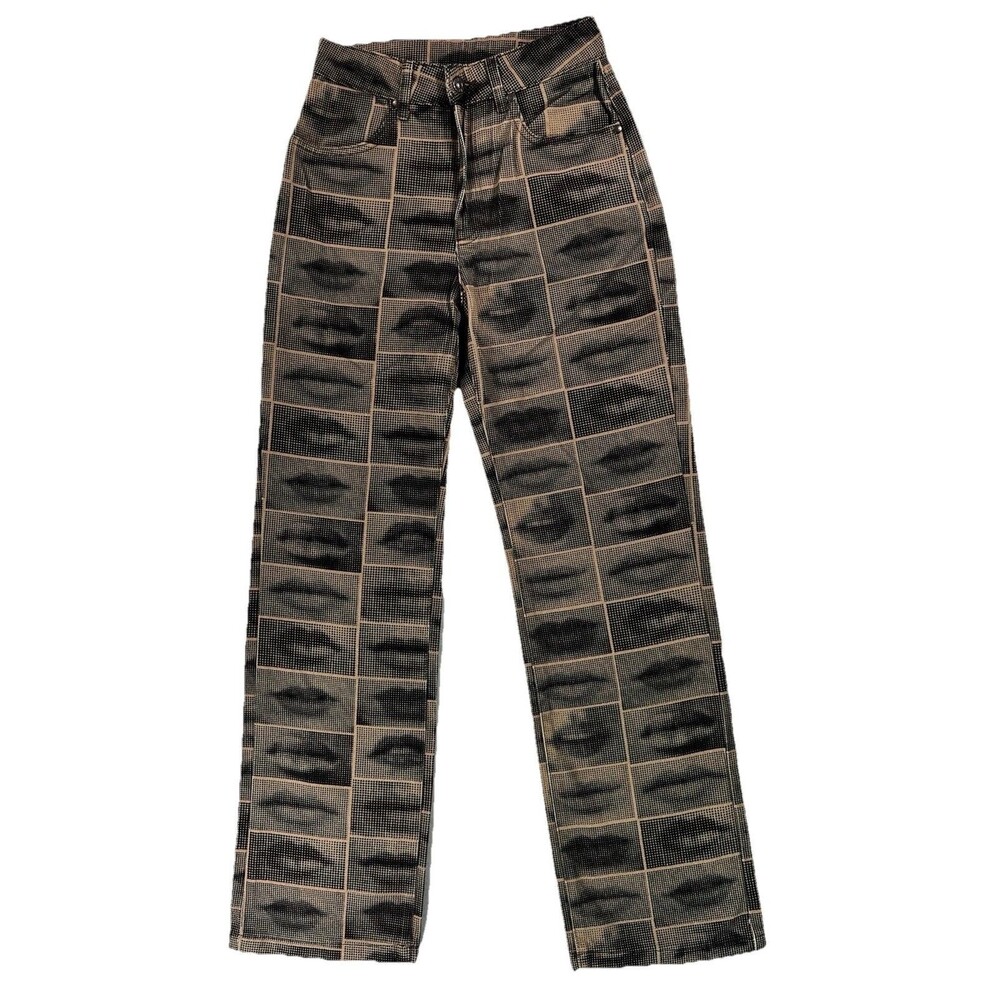 The Ragged Priest Woman's Jeans Lips Print Gold/Black Zip Fly Pants Size 8 Tripy